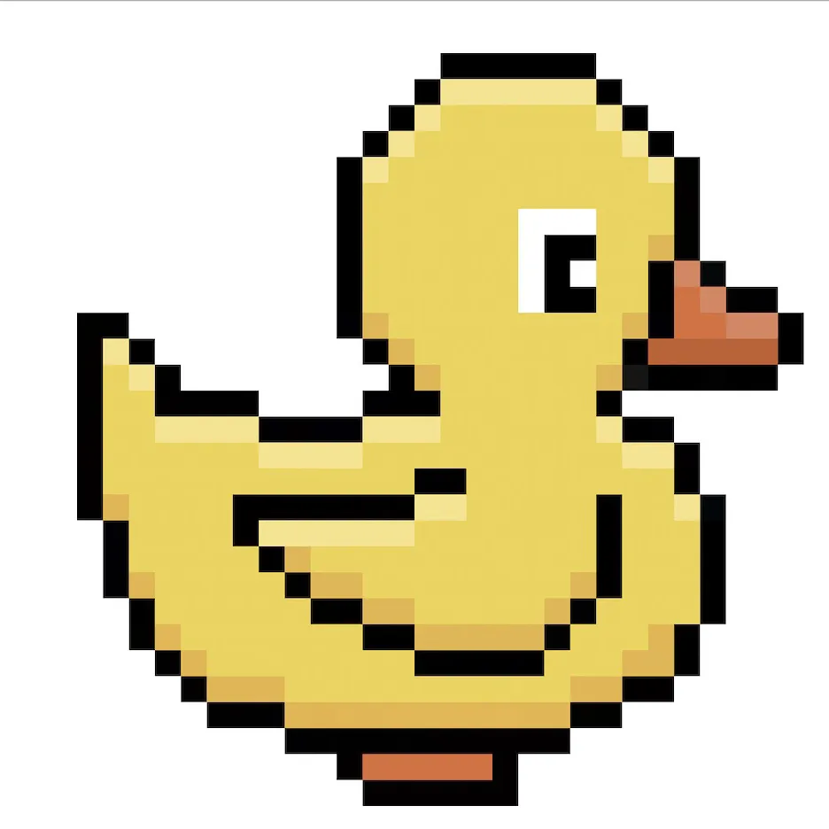 Pato en pixel art kawaii sobre un fondo transparente