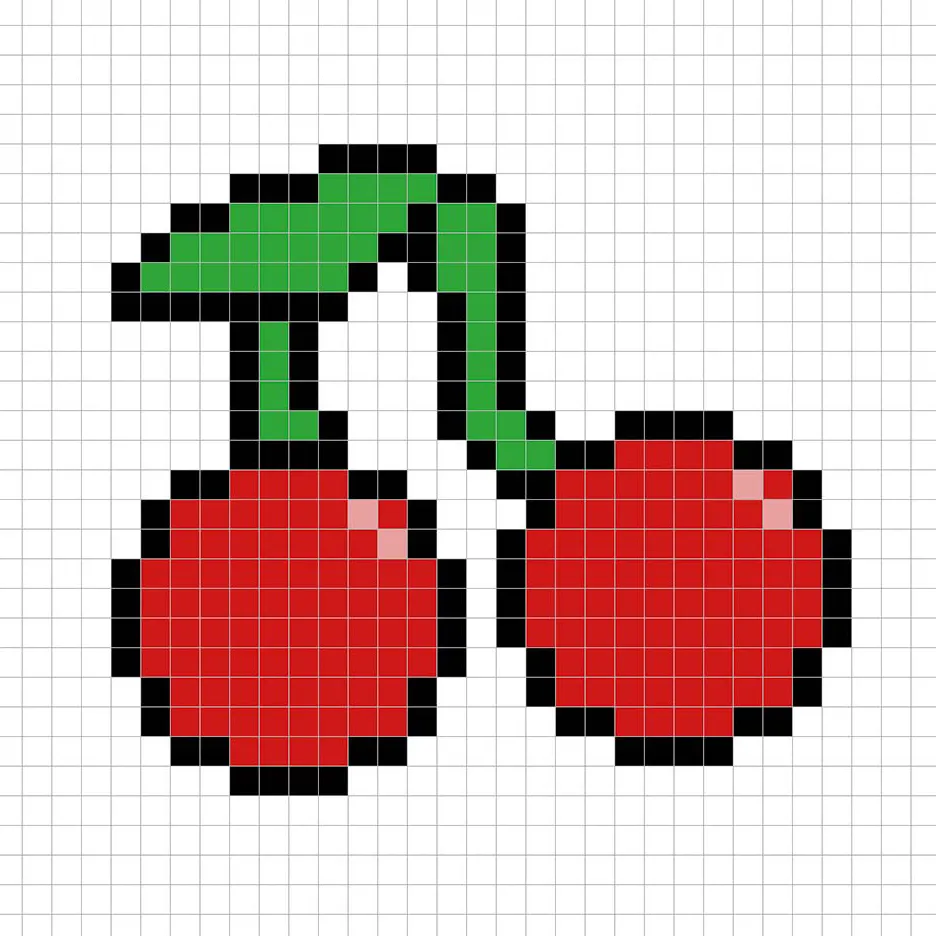 Cereza en pixel art simple con colores sólidos