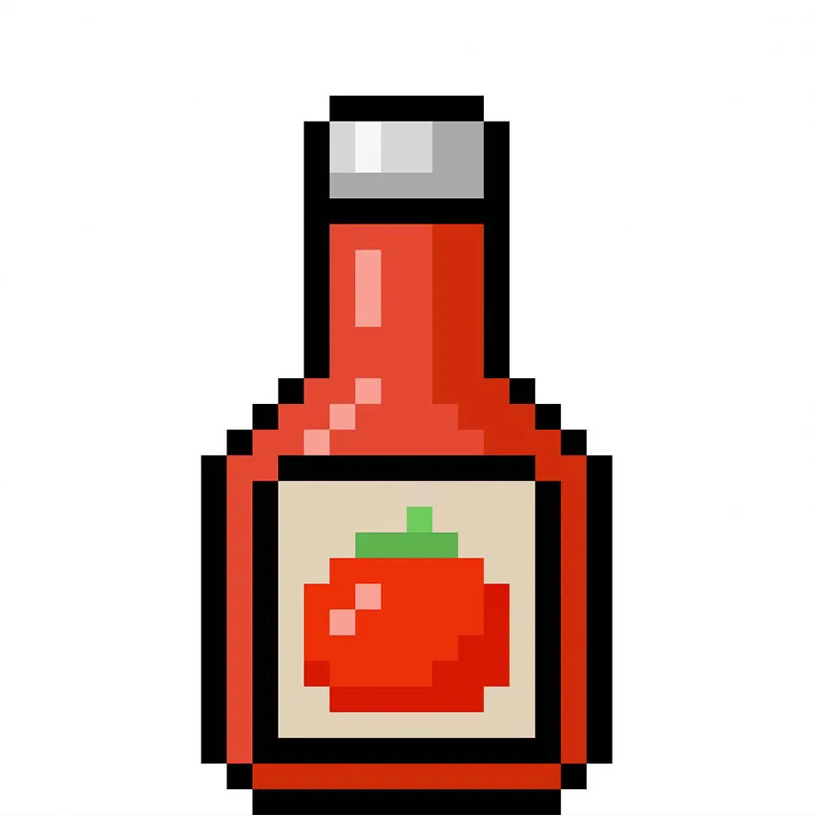 Ketchup kawaii en pixel art sur fond transparent