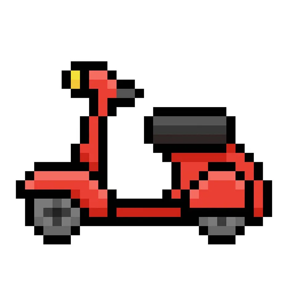 Cyclomoteur kawaii en pixel art sur un fond transparent