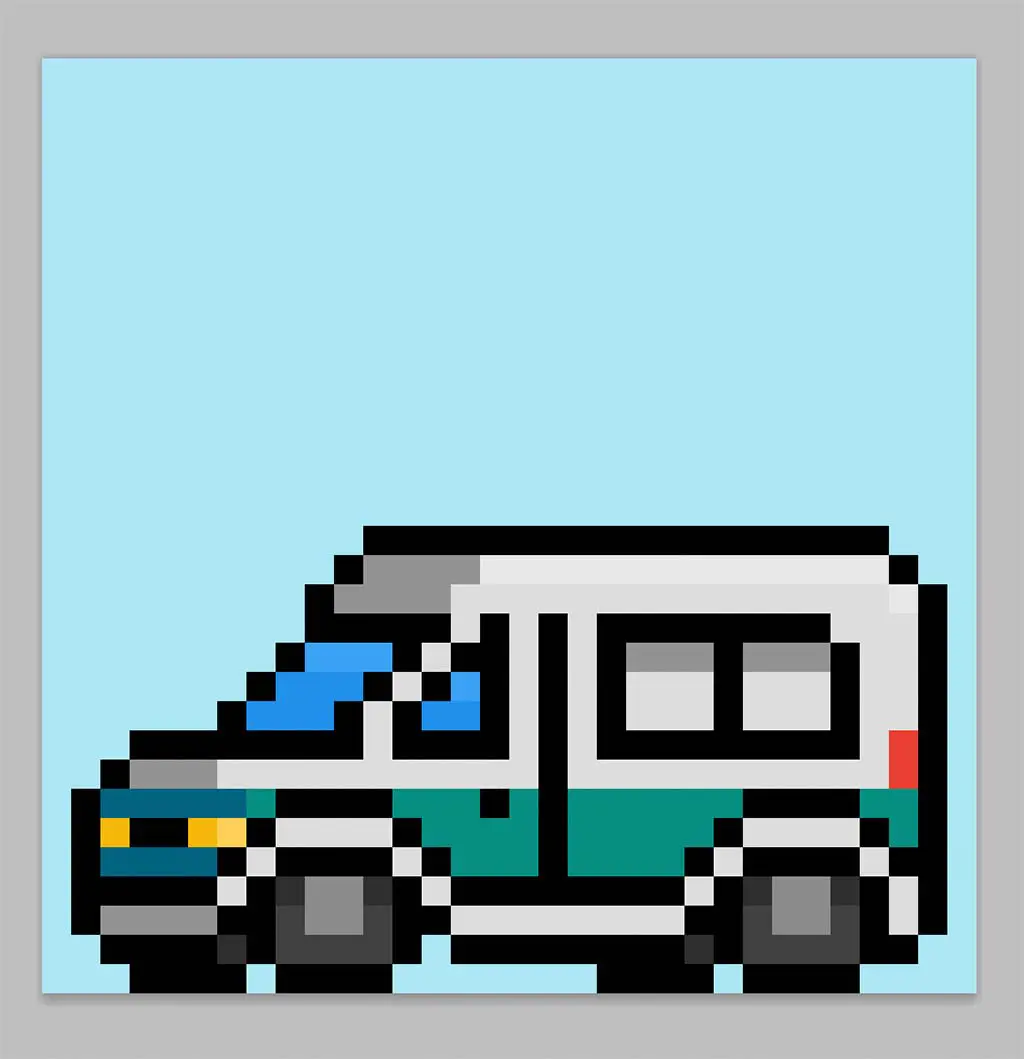 Cute Pixel Art Van on Blue Background