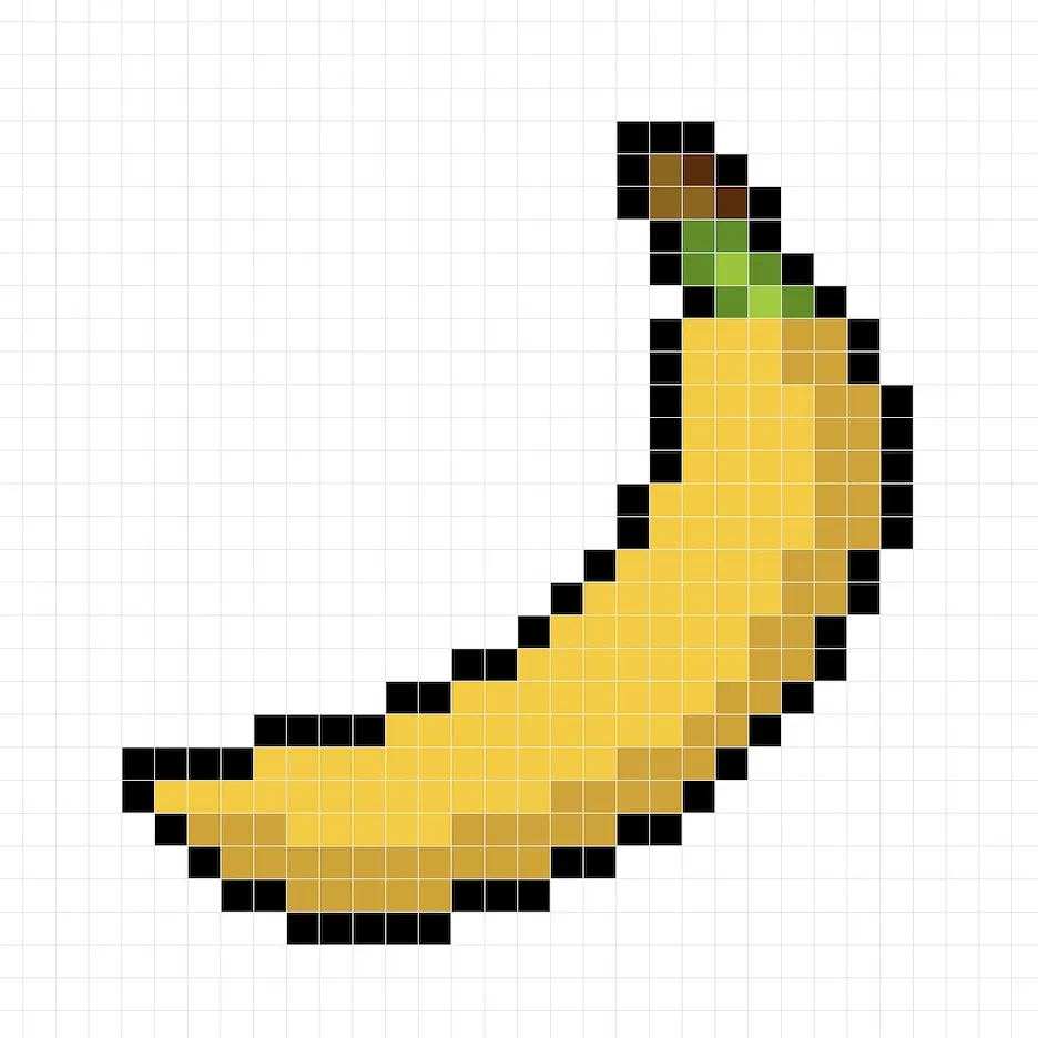 Banane en pixel art 32x32 avec des ombres pour donner de la profondeur à la banane