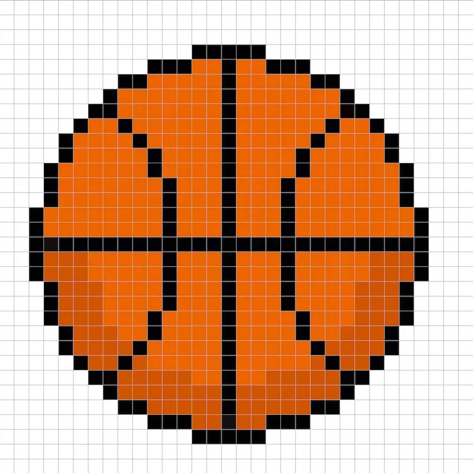 Ballon de basket en pixel art 32x32 avec des ombres pour donner de la profondeur à le ballon de basket