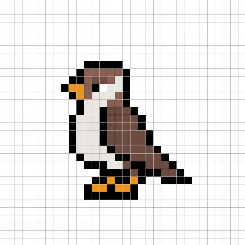 Pájaro en pixel art simple con colores sólidos