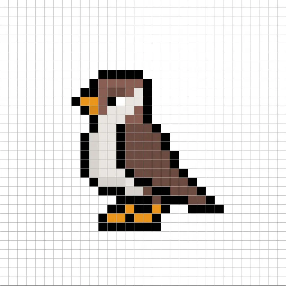 Pájaro en pixel art de 32x32 píxeles con sombras para dar profundidad a el pájaro.