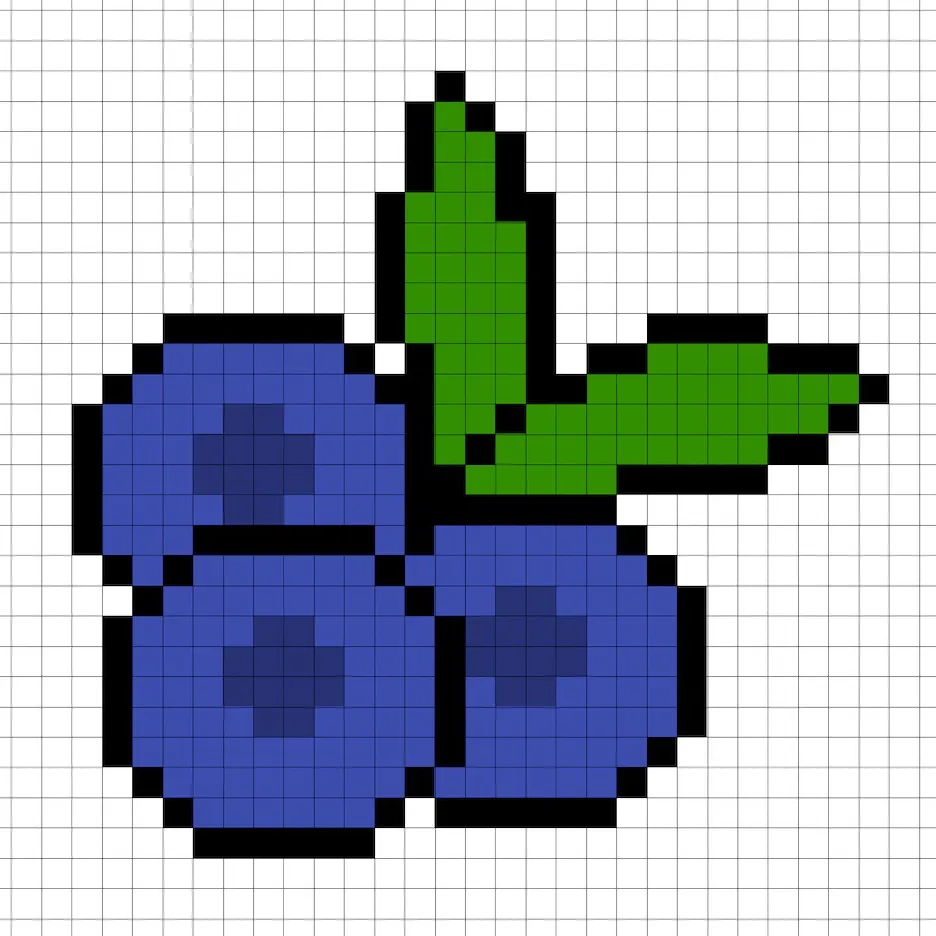 Myrtille en pixel art simple avec des couleurs unies