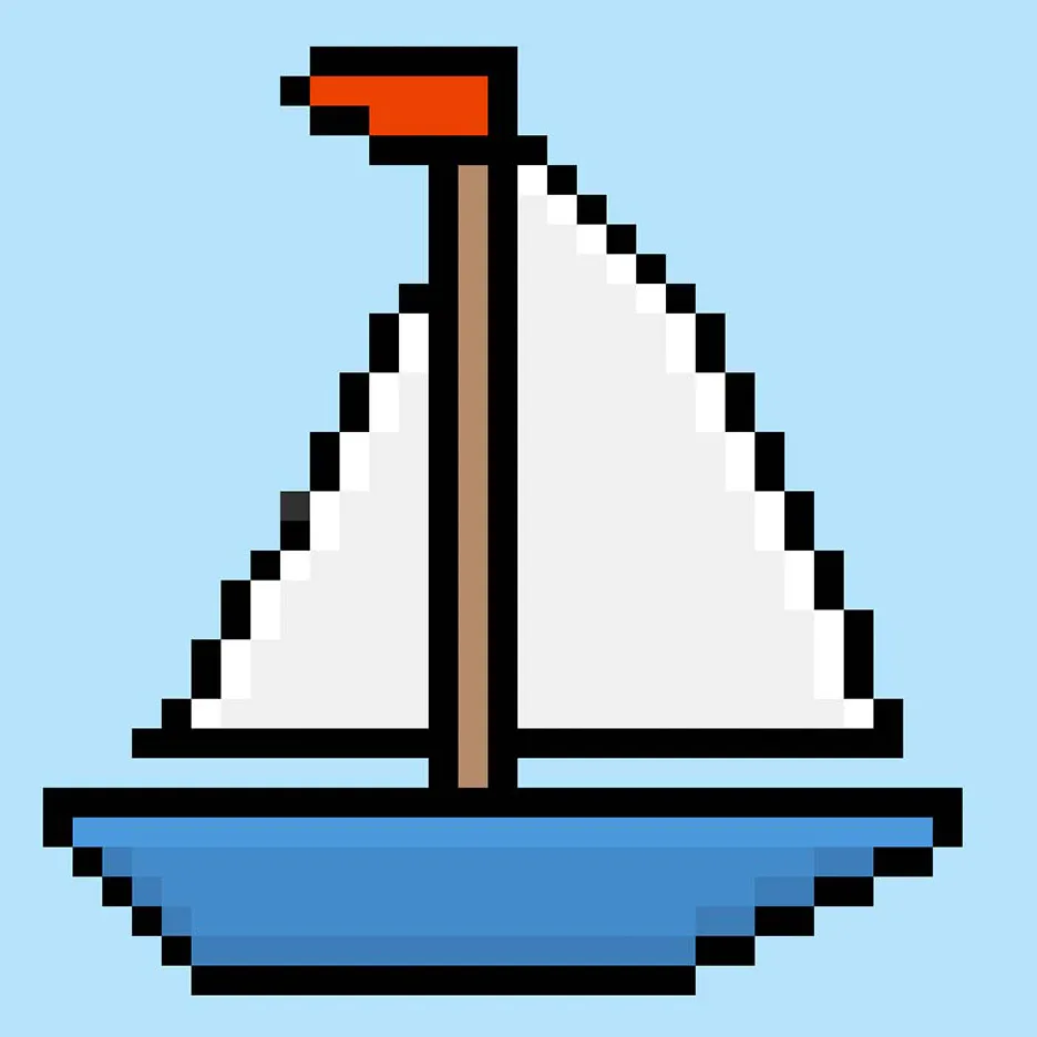 Bateau en pixel art mignonne sur un fond bleu