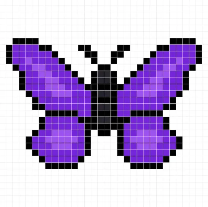 Mariposa en pixel art simple con colores sólidos