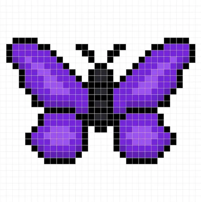 Mariposa en pixel art de 32x32 píxeles con sombras para dar profundidad a la mariposa.