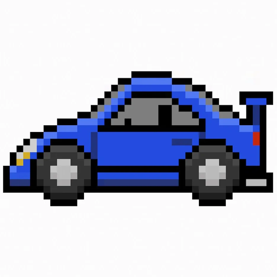 Coche Kawaii en pixel art sobre un fondo transparente