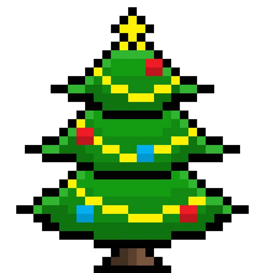 Kawaii pixel art Christmas tree on a transparent background