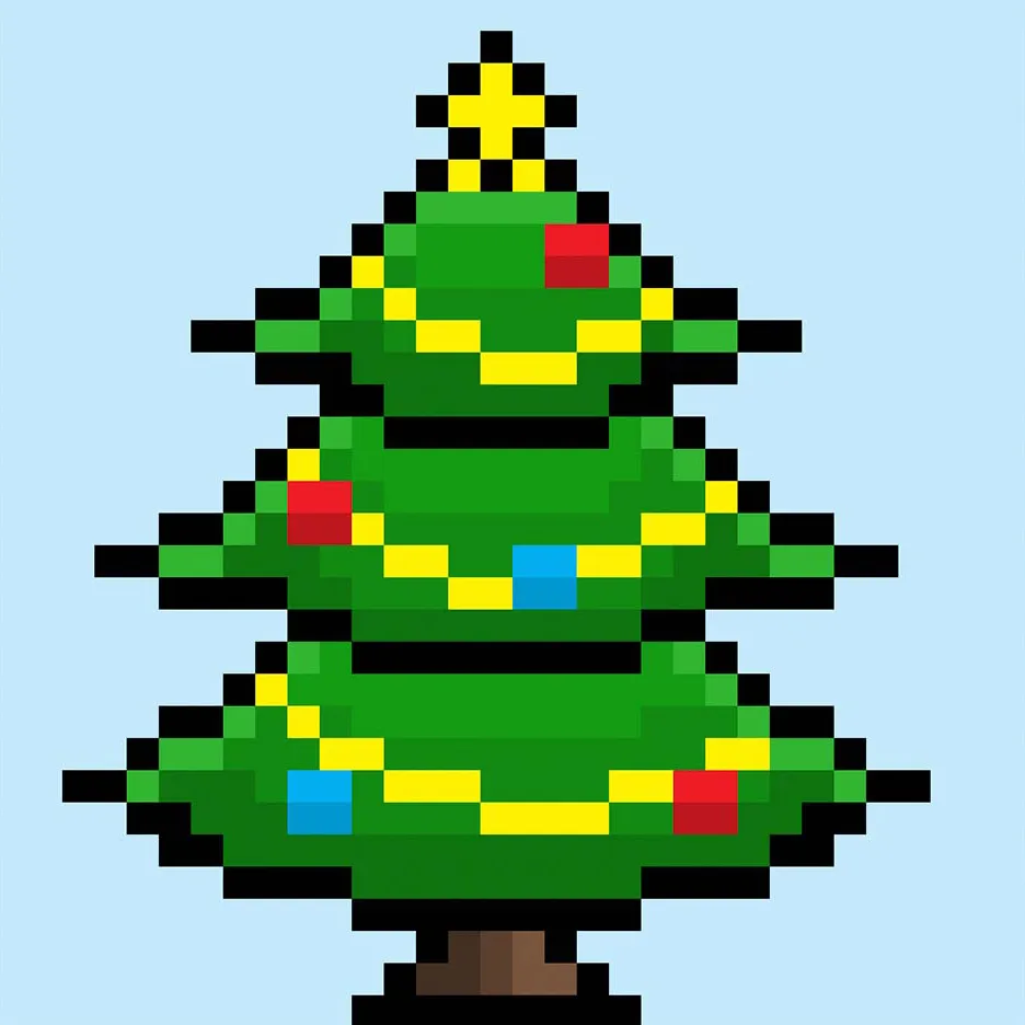 Cute Pixel Art Christmas tree on Blue Background