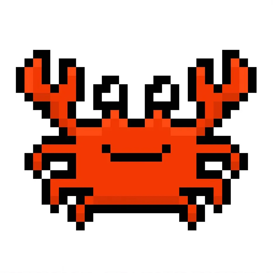 Kawaii pixel art crab on a transparent background