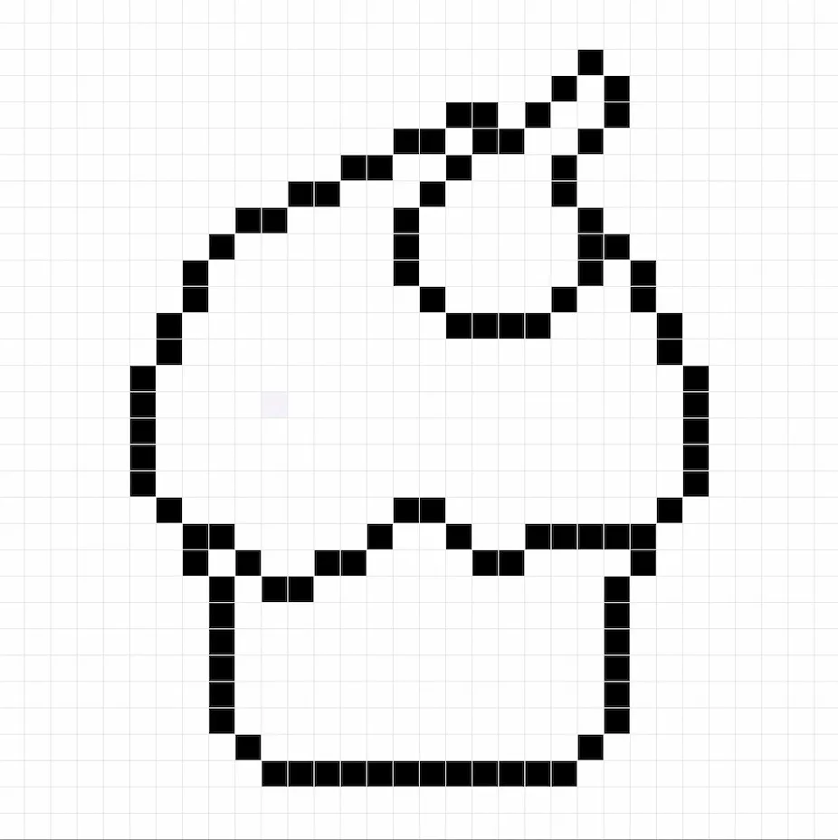 An outline of the pixel art cupcake grid similar to a spreadsheet