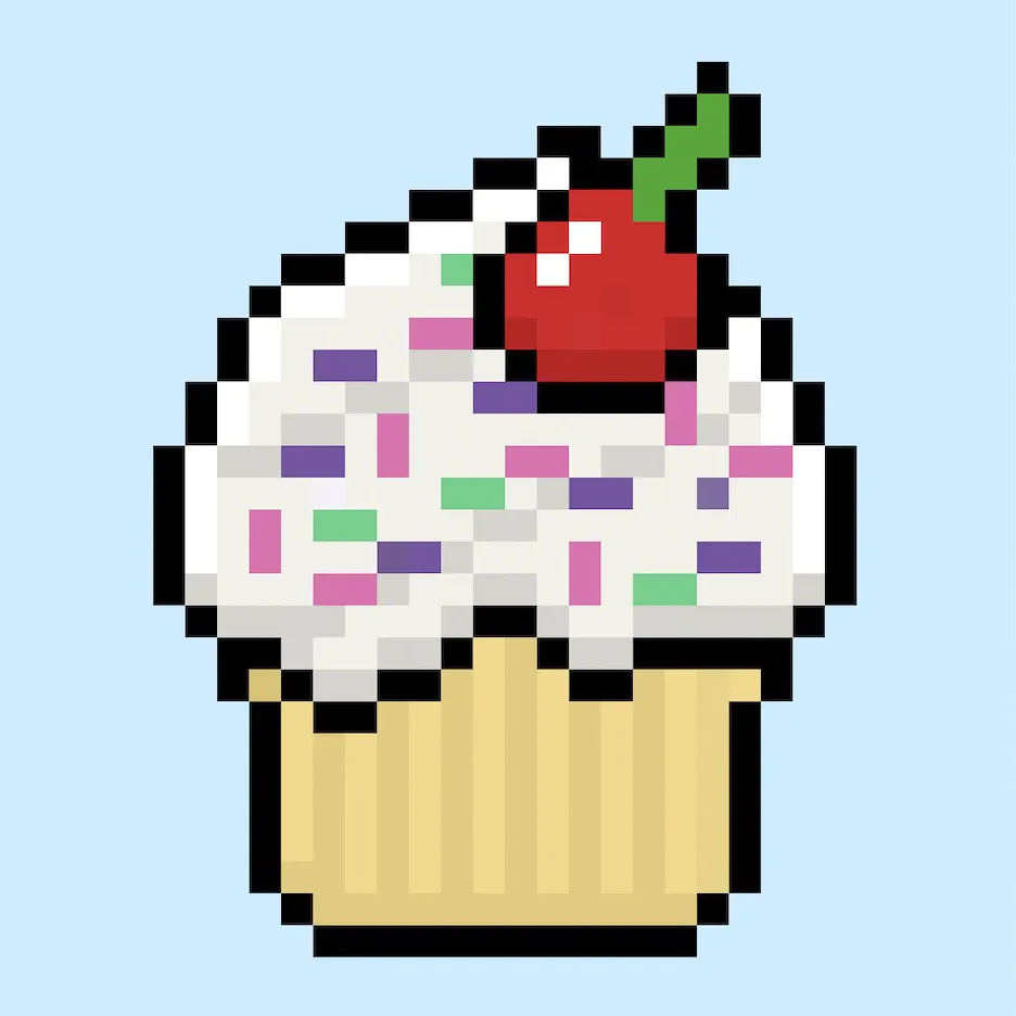 Cute Pixel Art cupcake on Blue Background