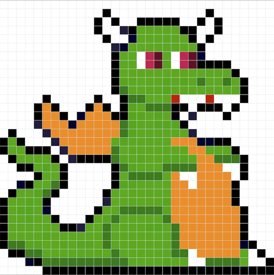 Dragón en pixel art de 32x32 píxeles con sombras para dar profundidad a el dragón.