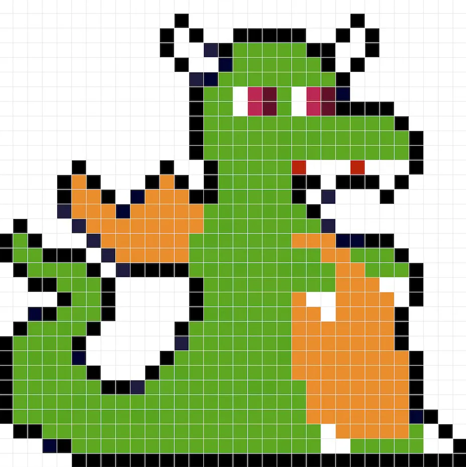 Dragón en pixel art simple con colores sólidos