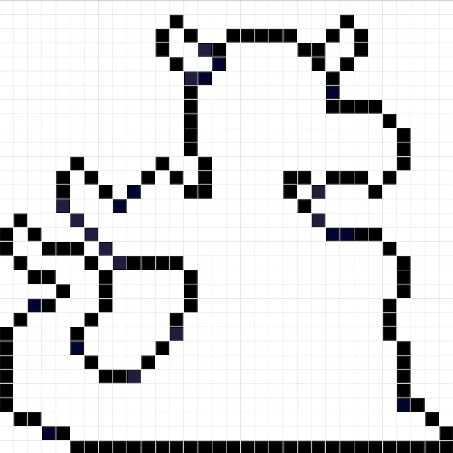 Un contorno del dragón en pixel art similar a una hoja de cálculo