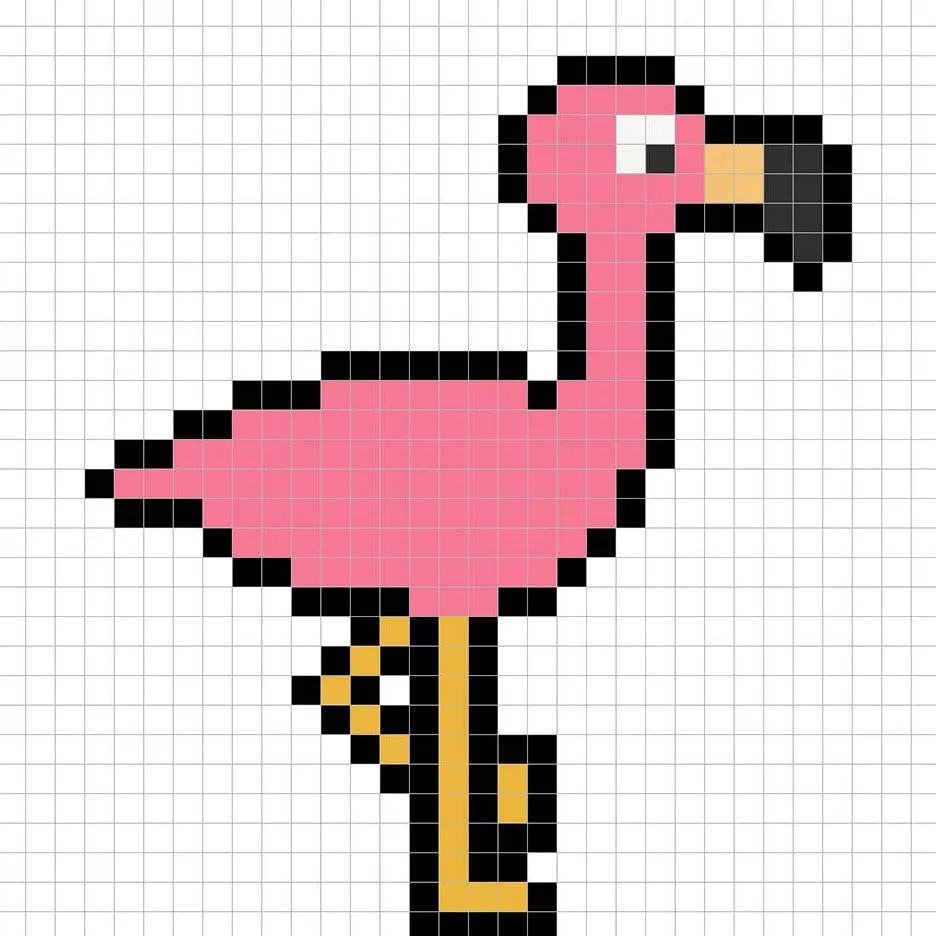 Flamenco en pixel art simple con colores sólidos