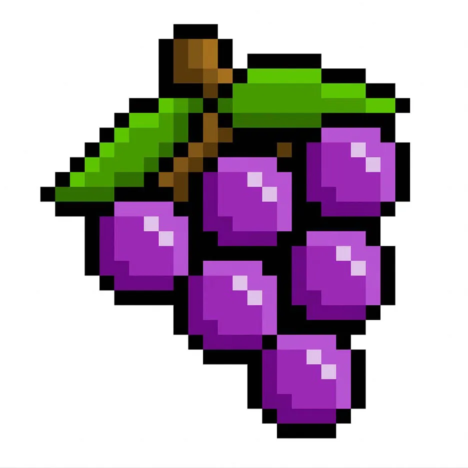 Raisins en pixel art kawaii sur un fond transparent