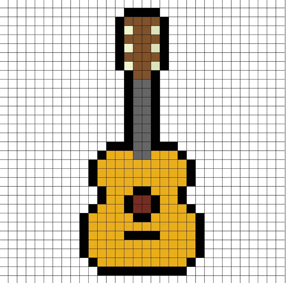 Guitarra simple en pixel art con colores sólidos