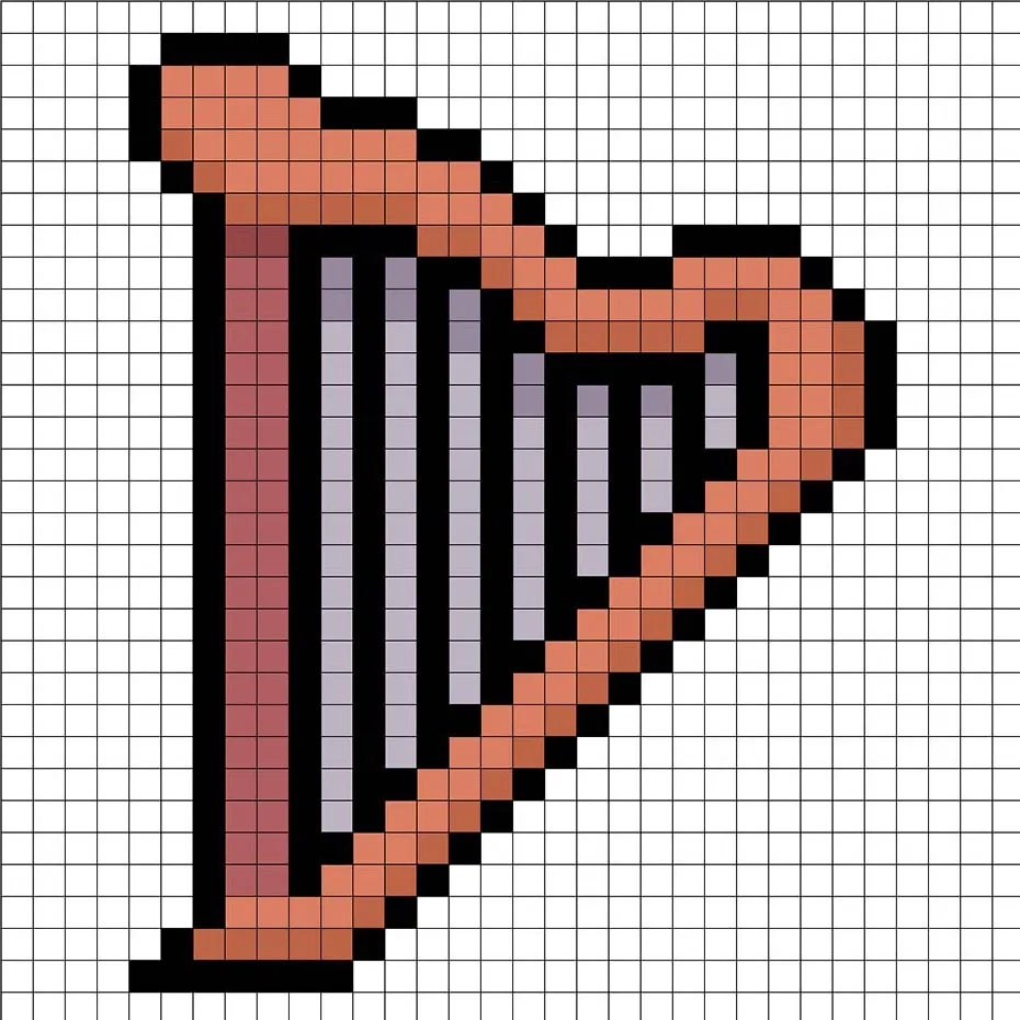 32x32 Pixel art harp with shadows to give depth to the harp