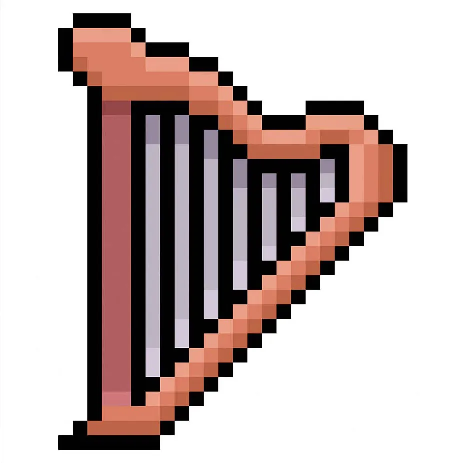 Kawaii pixel art harp on a transparent background