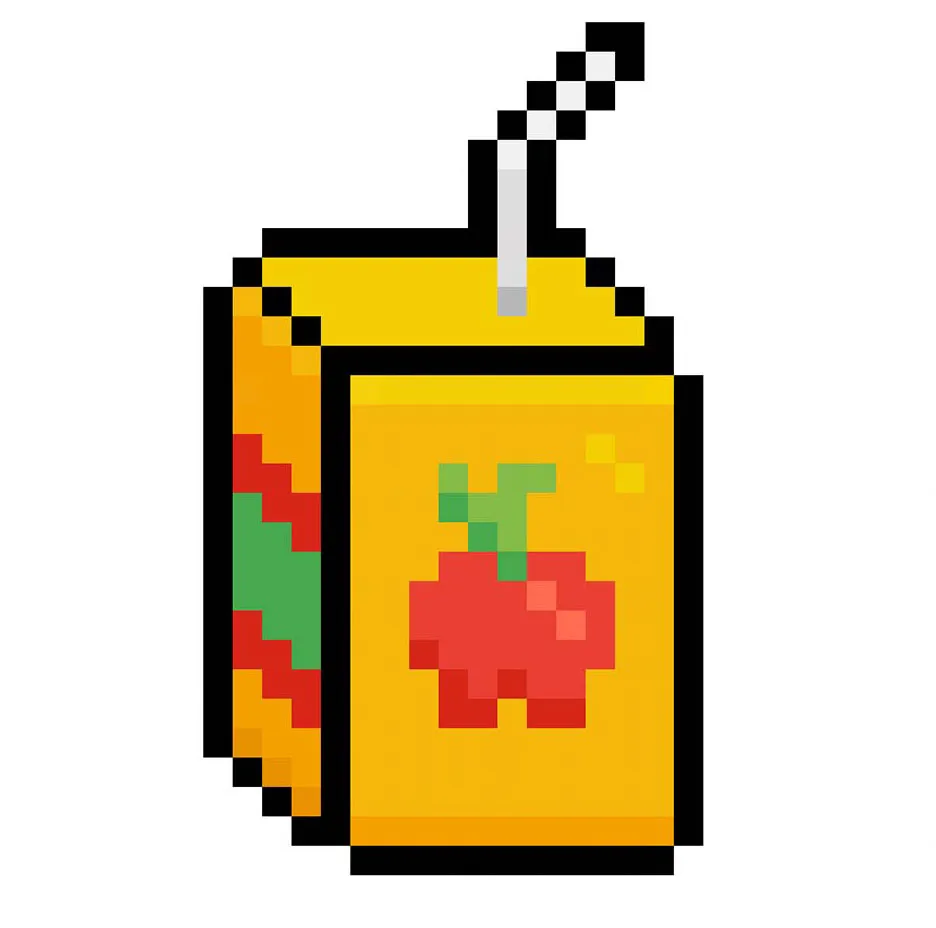 Kawaii pixel art juice box on a transparent background