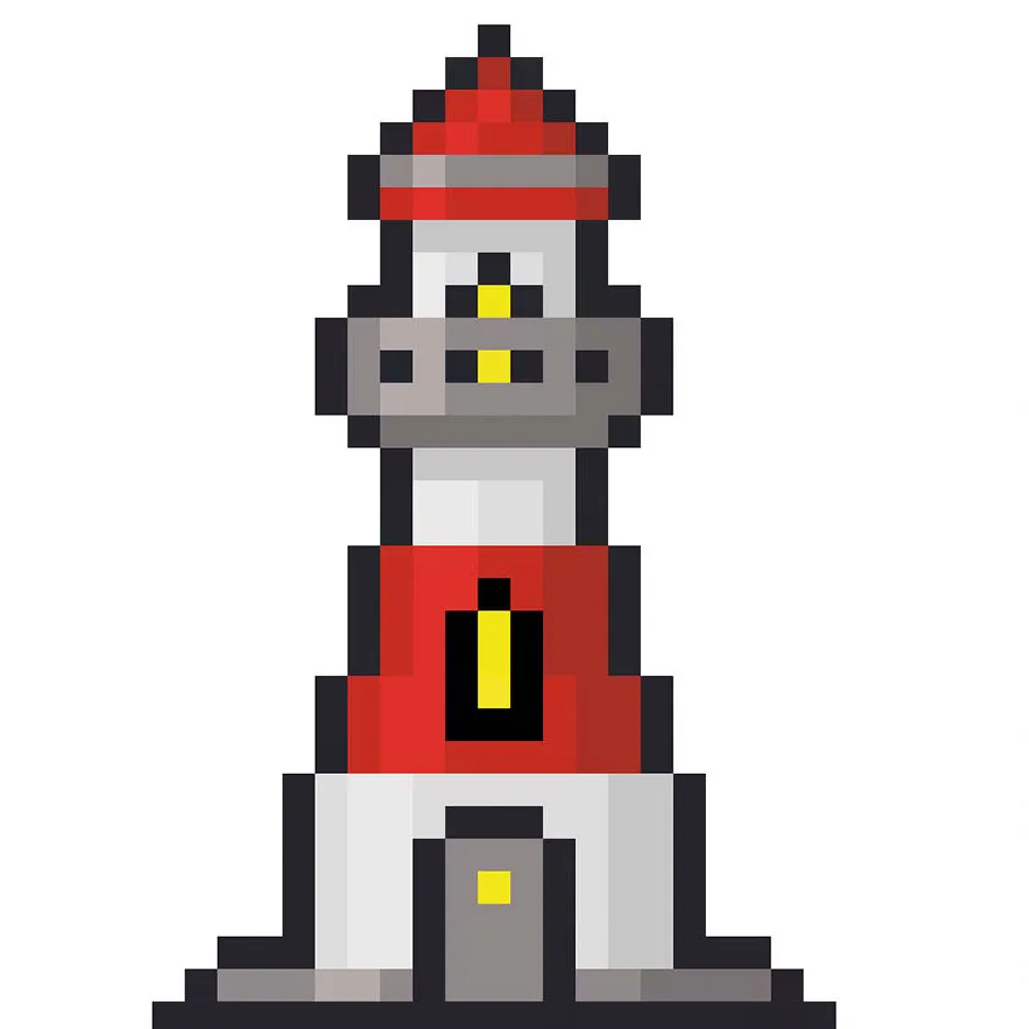 Faro en pixel art kawaii sobre un fondo transparente