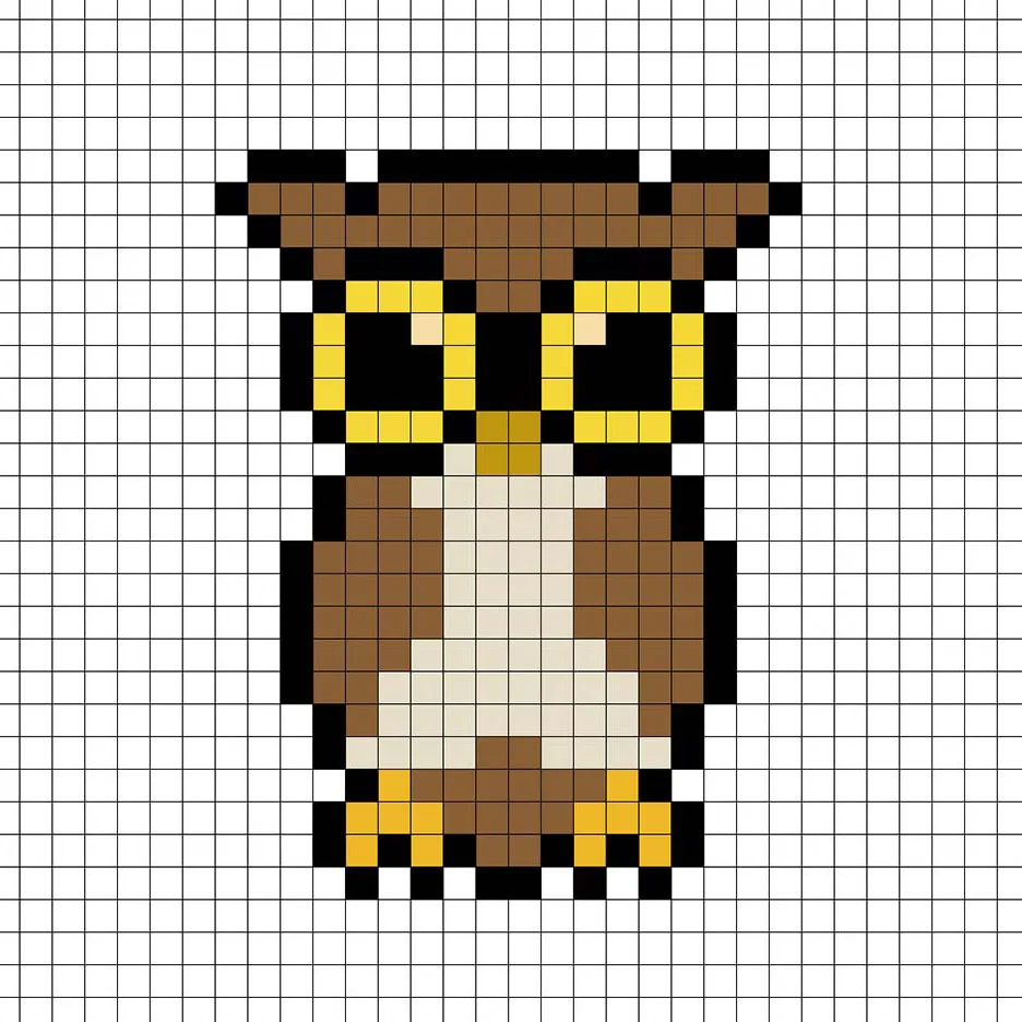 Búho en pixel art simple con colores sólidos