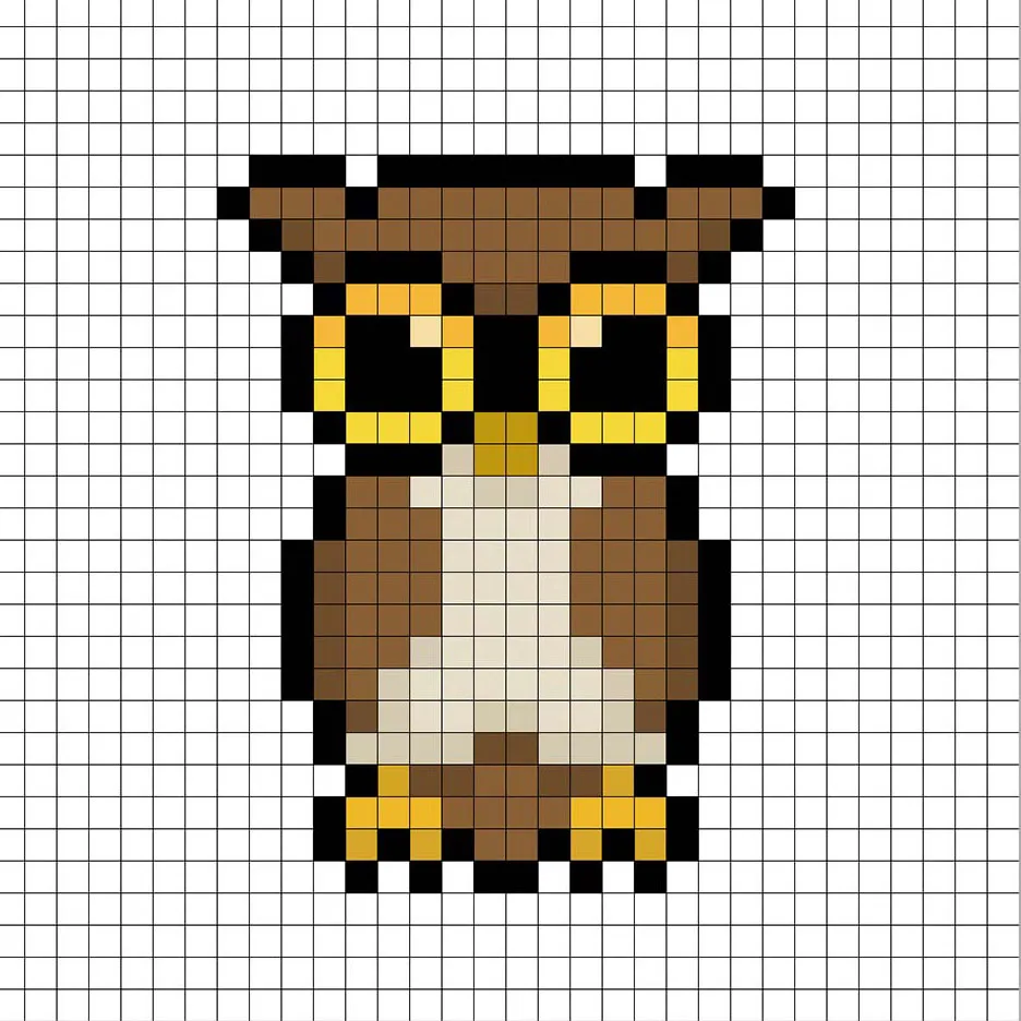 Búho en pixel art de 32x32 píxeles con sombras para dar profundidad a el Búho.