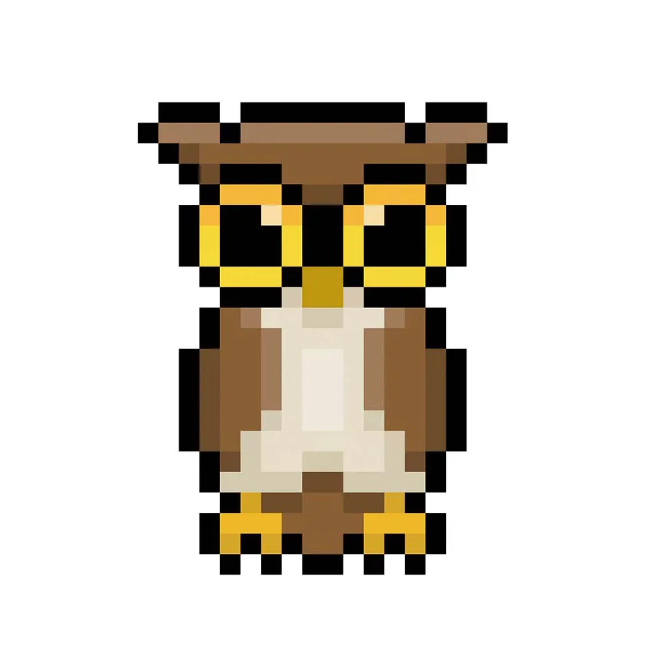 Kawaii pixel art owl on a transparent background