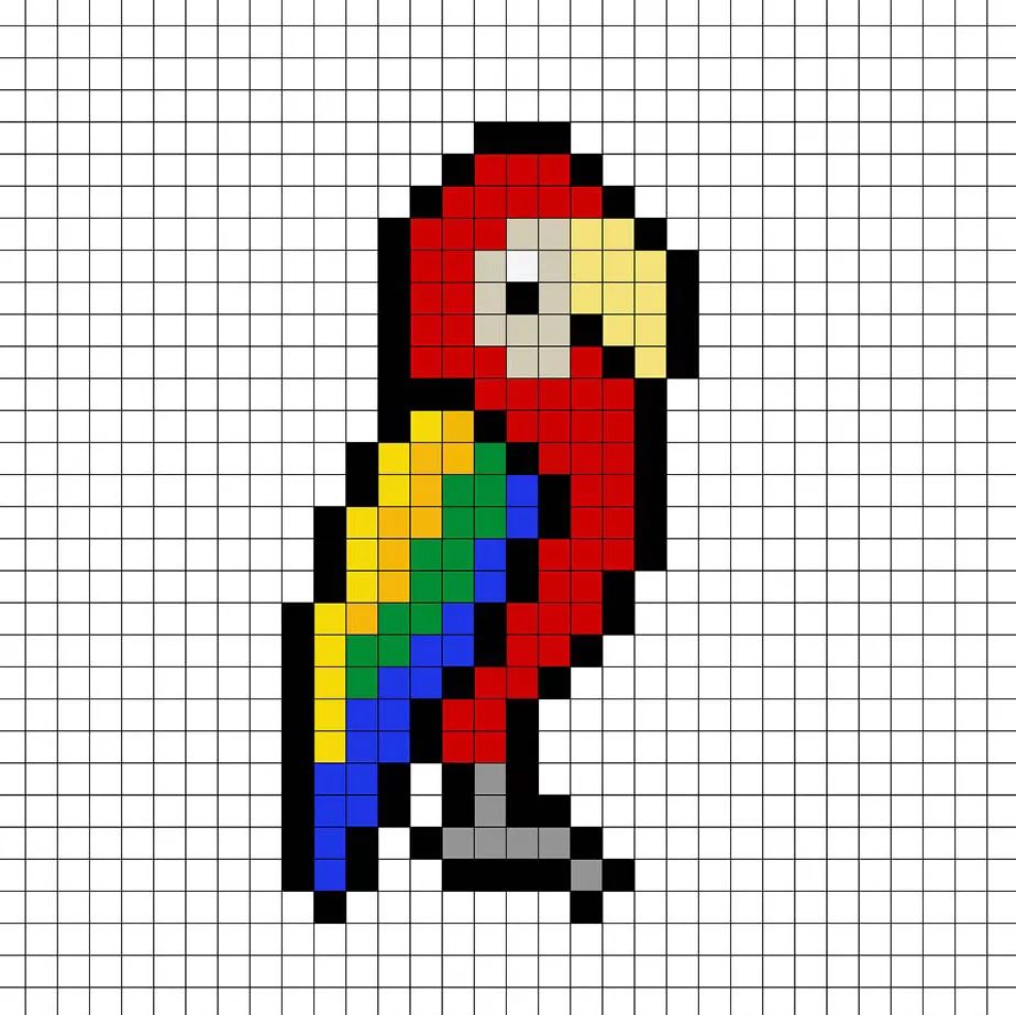 Loro en pixel art simple con colores sólidos