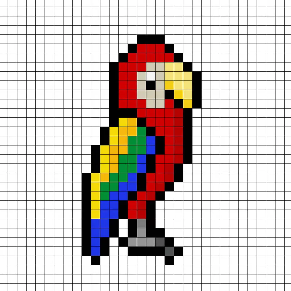 Loro en pixel art de 32x32 píxeles con sombras para dar profundidad a el loro.