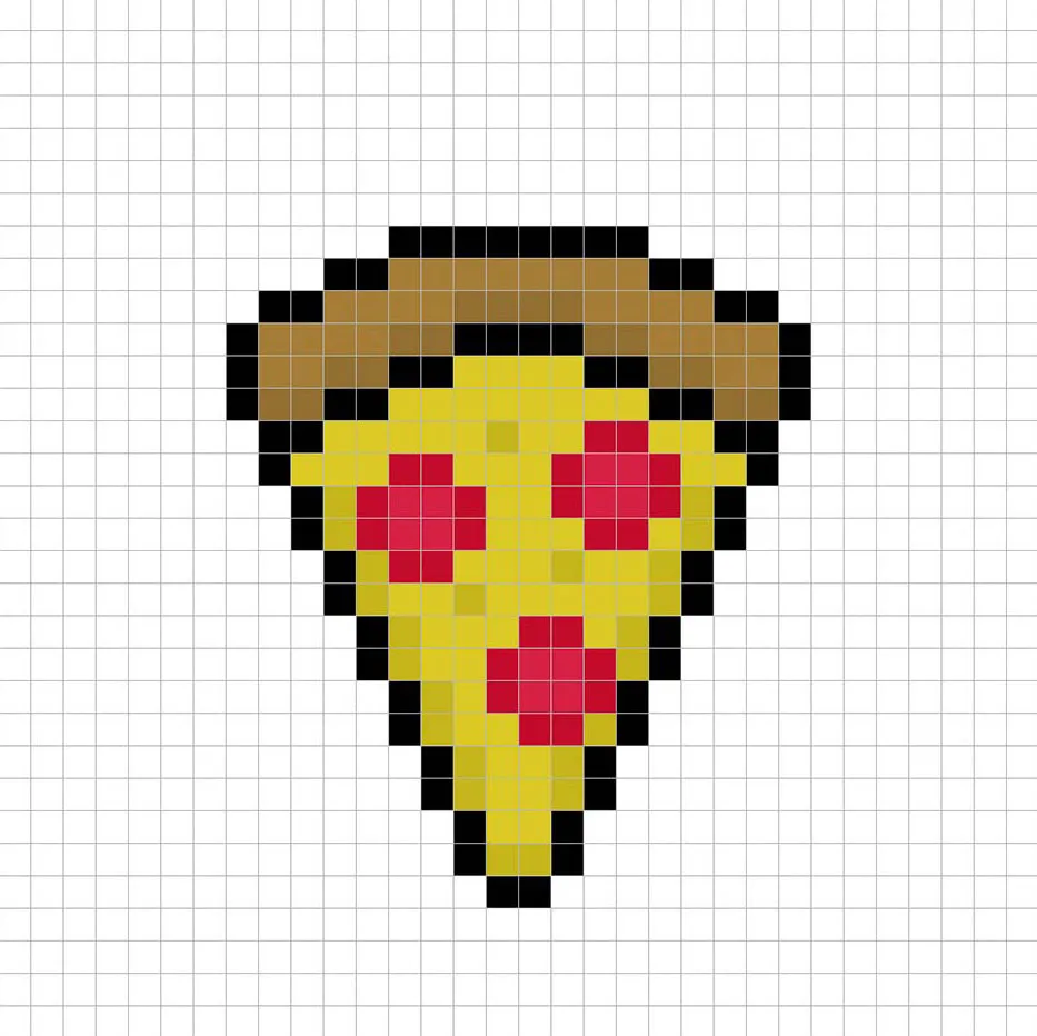 Pizza en pixel art 32x32 avec des ombres pour donner de la profondeur à la pizza