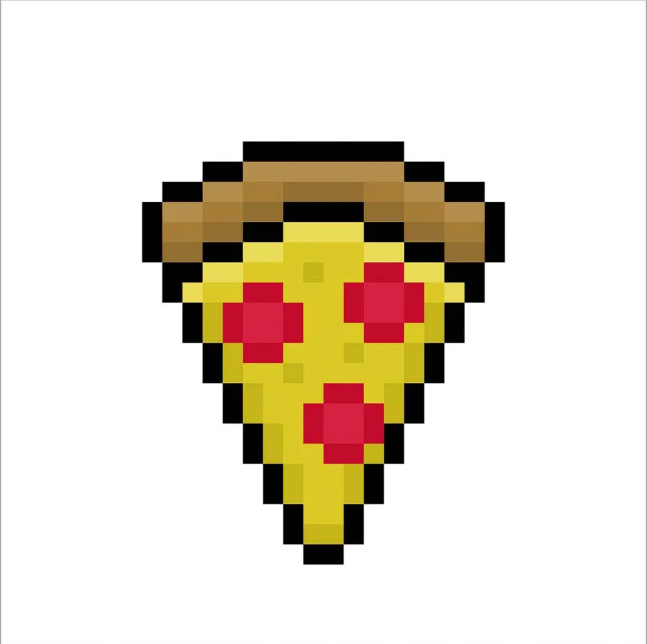 Kawaii pixel art pizza on a transparent background