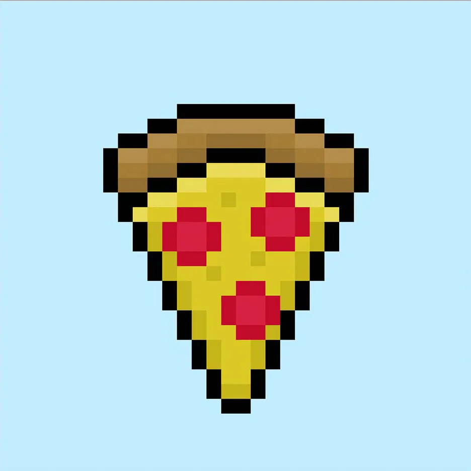 Pizza en pixel art linda sobre un fondo azul.