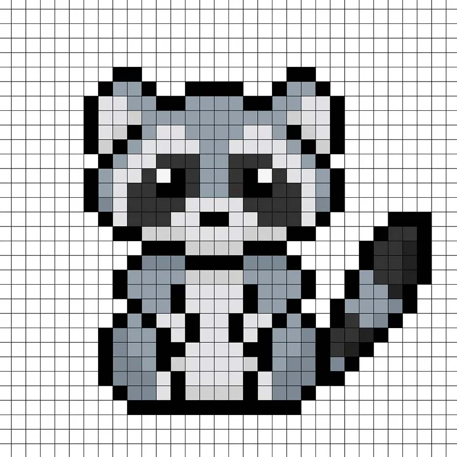 32x32 Pixel-Art-Waschbär mit Schatten, um dem Waschbären Tiefe zu verleihen