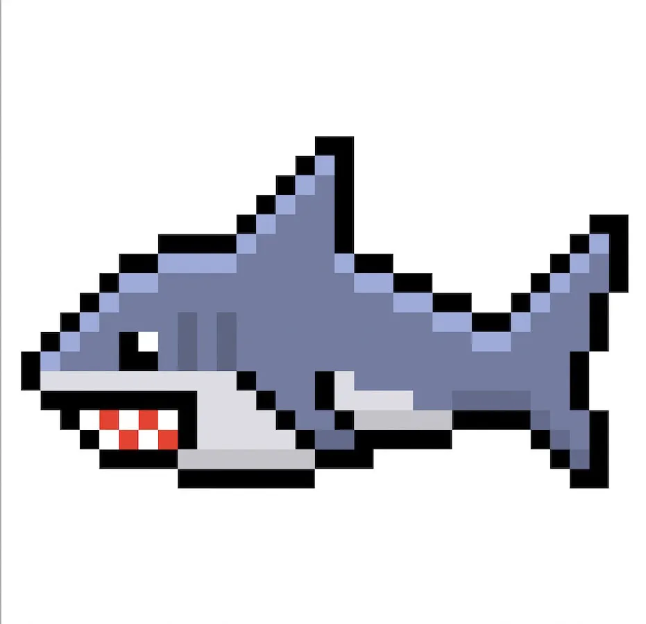 Requin en pixel art kawaii sur un fond transparent