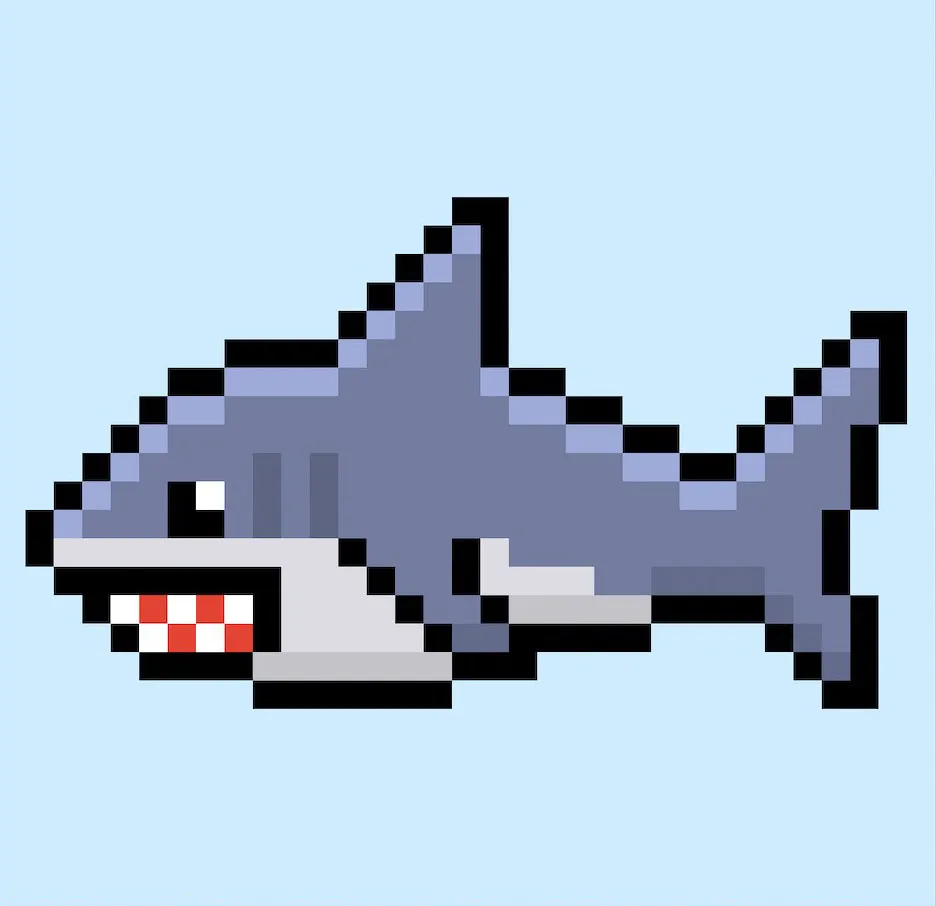 Requin en pixel art mignonne sur un fond bleu