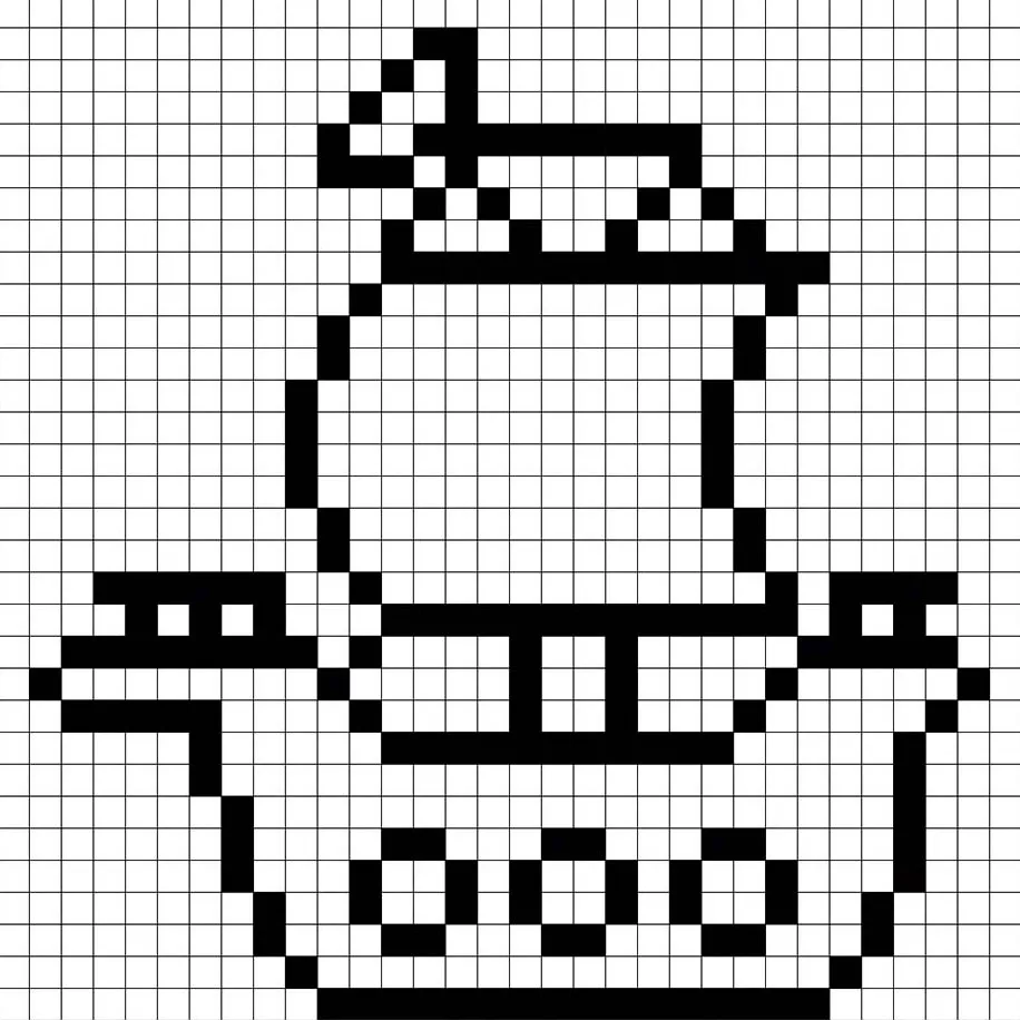 Un contour de grille pour le bateau pirate en pixel art, similaire à une feuille de calcul