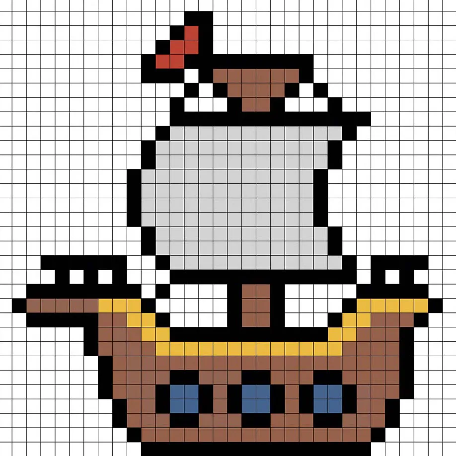 Barco pirata simple en pixel art con colores sólidos