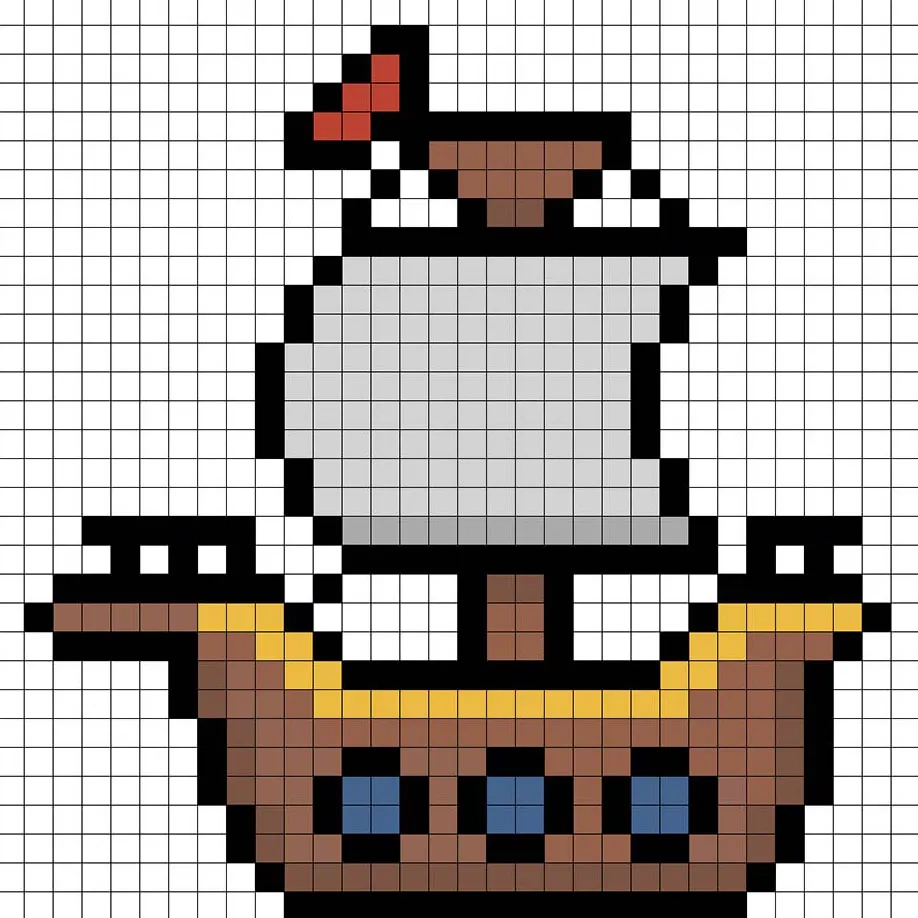 Barco pirata en pixel art de 32x32 con sombras para dar profundidad al barco