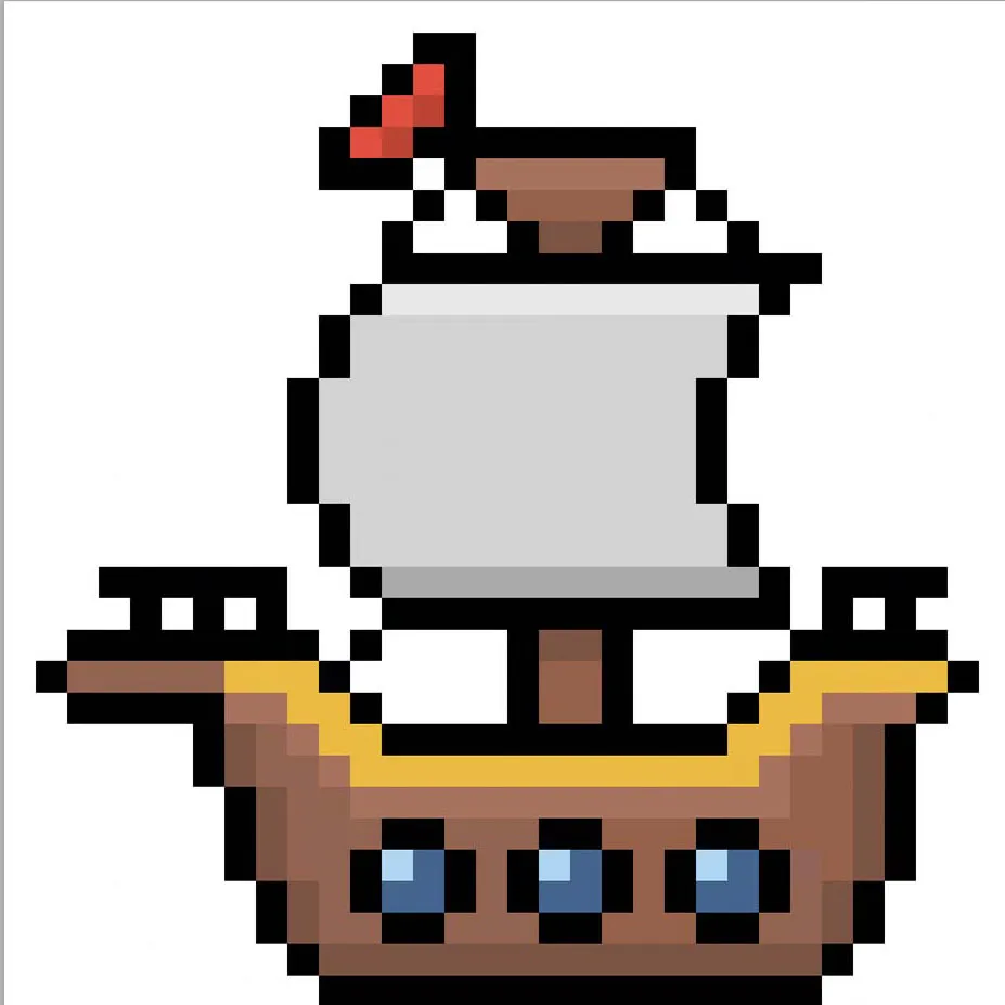 Bateau pirate Kawaii en pixel art sur fond transparent