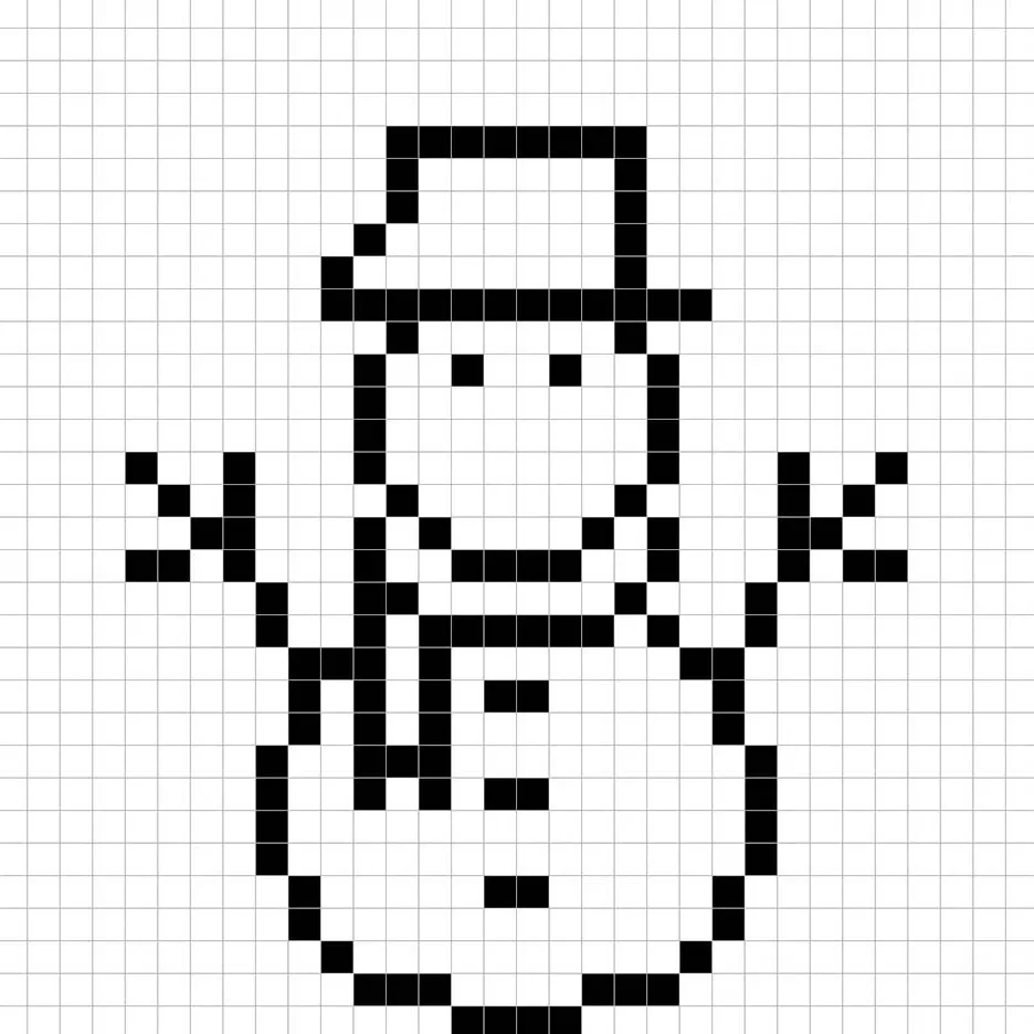 An outline of the pixel art snowman grid similar to a spreadsheet