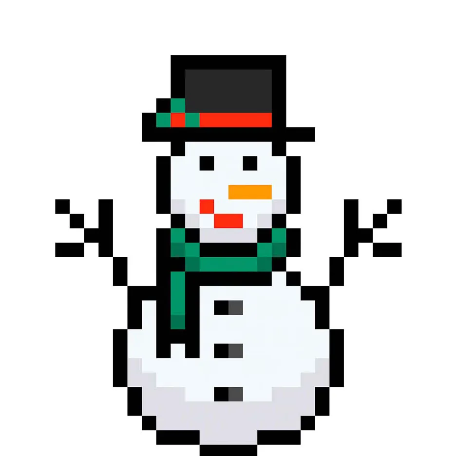 Kawaii pixel art snowman on a transparent background