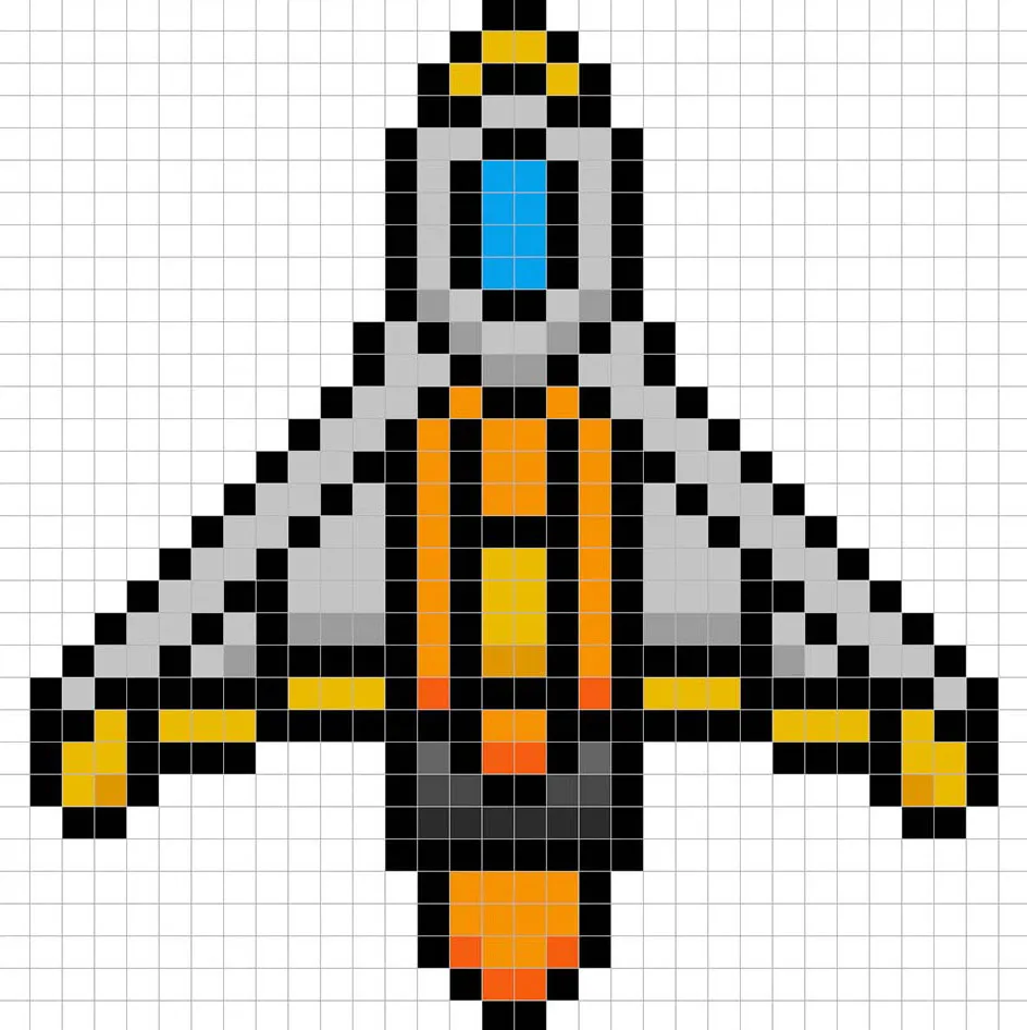 Nave espacial en pixel art de 32x32 píxeles con sombras para dar profundidad a la nave espacial.