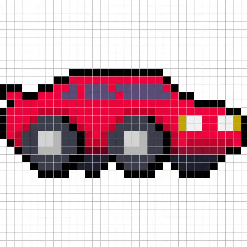 Coche deportivo en pixel art de 32x32 píxeles con sombras para dar profundidad a el coche deportivo.