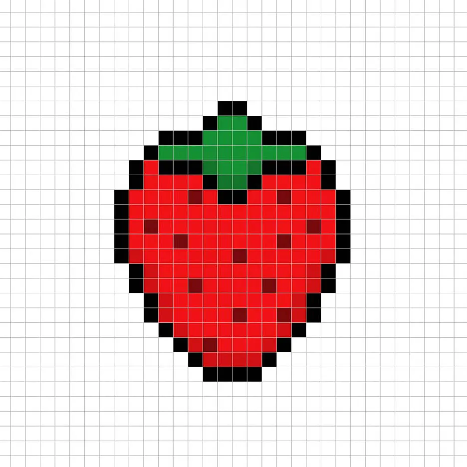 Fraise en pixel art 32x32 avec des ombres pour donner de la profondeur à la fraise