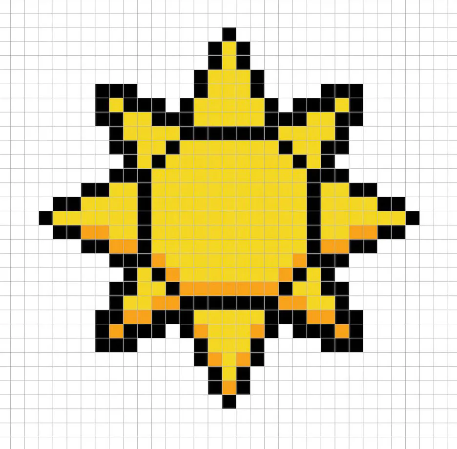 Soleil en pixel art 32x32 avec des ombres pour donner de la profondeur à le Soleil